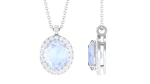Oval Shaped Moonstone Pendant Necklace With Diamond Halo