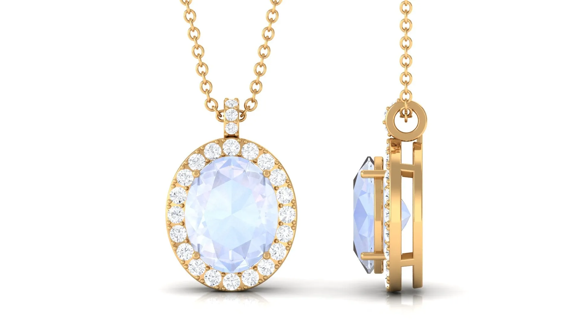 Oval Shaped Moonstone Pendant Necklace With Diamond Halo