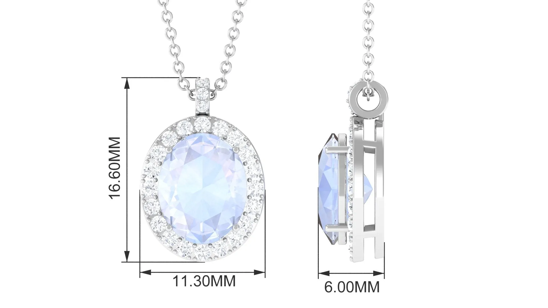 Oval Shaped Moonstone Pendant Necklace With Diamond Halo