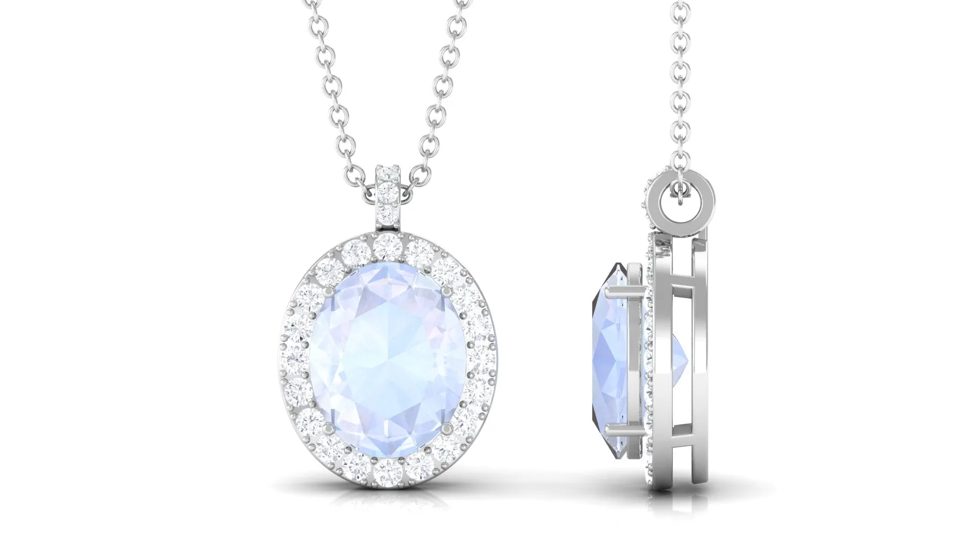 Oval Shaped Moonstone Pendant Necklace With Diamond Halo