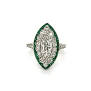 Platinum .70ct Old Cut Marquis, .80tcw Emerald & .60tcw Diamond Ring at Regard Jewelry in Austin, Texas