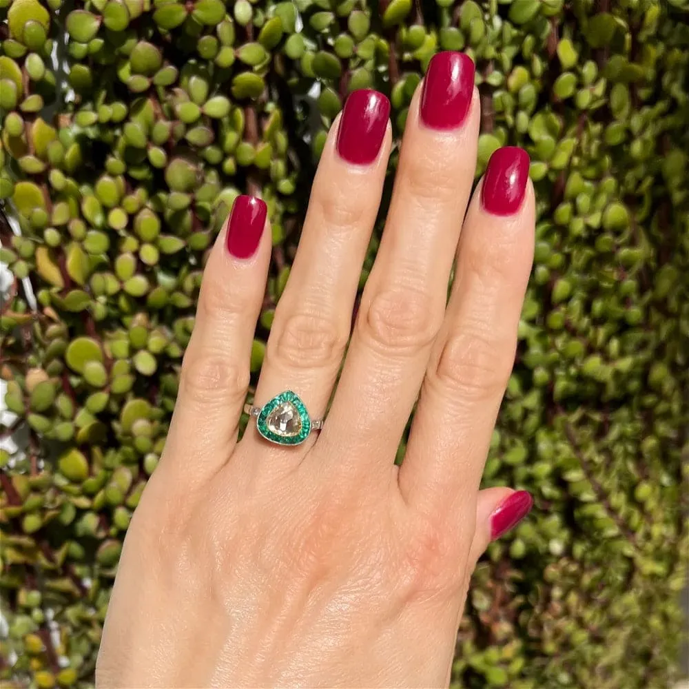 Platinum .93ct Light Yellow Pear Rose Cut Diamond, .70tcw Emerald & .06tcw Diamond Ring at Regard Jewelry in Austin, Texas