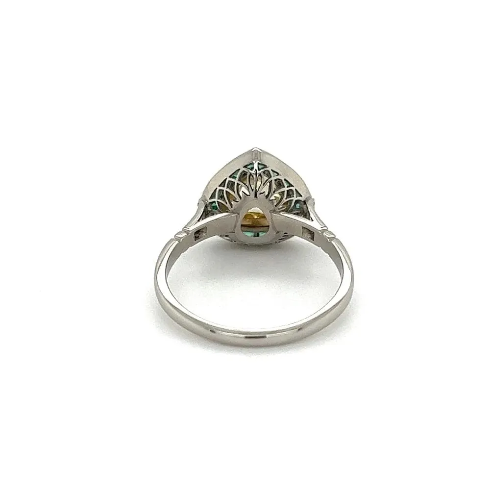 Platinum .93ct Light Yellow Pear Rose Cut Diamond, .70tcw Emerald & .06tcw Diamond Ring at Regard Jewelry in Austin, Texas