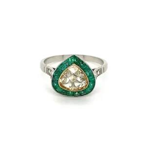 Platinum .93ct Light Yellow Pear Rose Cut Diamond, .70tcw Emerald & .06tcw Diamond Ring at Regard Jewelry in Austin, Texas