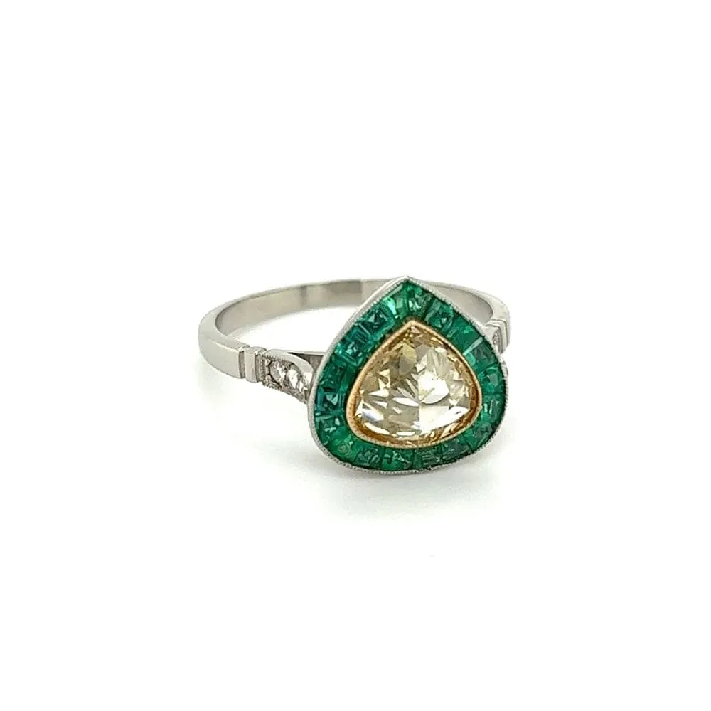 Platinum .93ct Light Yellow Pear Rose Cut Diamond, .70tcw Emerald & .06tcw Diamond Ring at Regard Jewelry in Austin, Texas