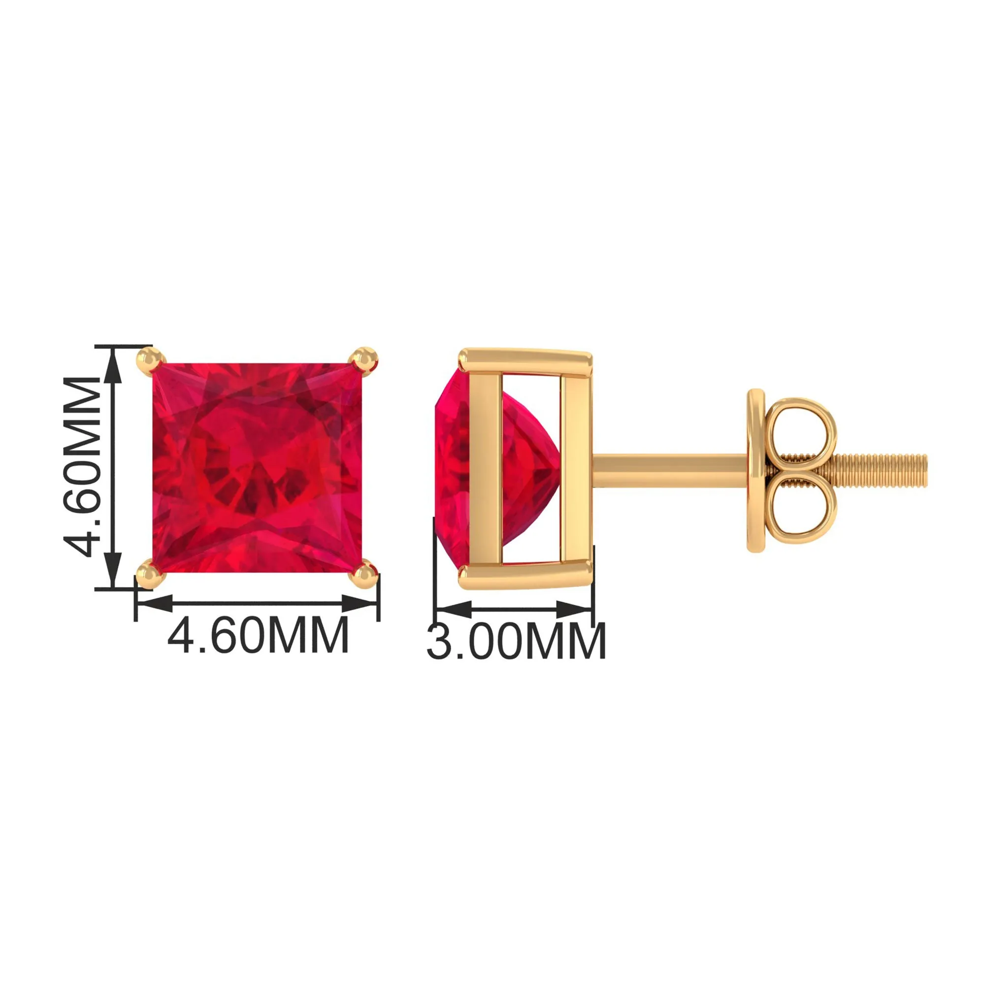 Princess Cut Created Ruby Solitaire Stud Earrings in Gold