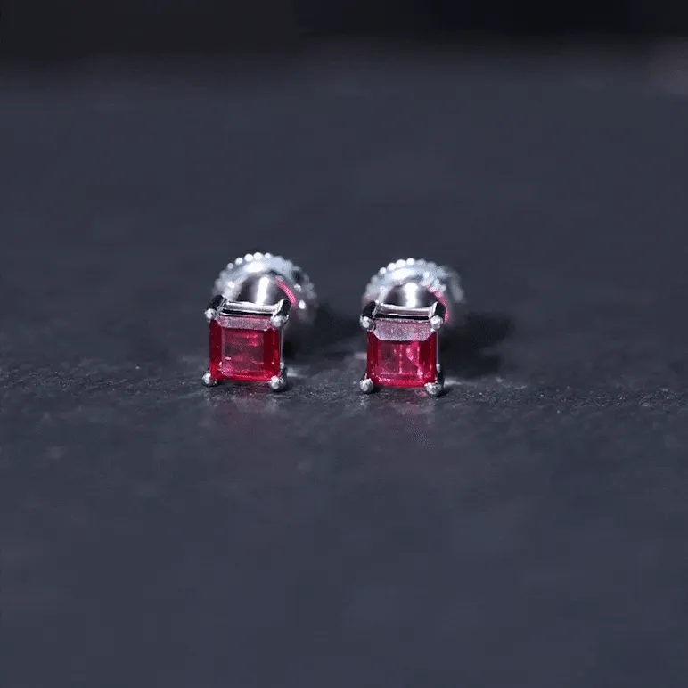 Princess Cut Created Ruby Solitaire Stud Earrings in Gold