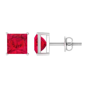 Princess Cut Created Ruby Solitaire Stud Earrings in Gold