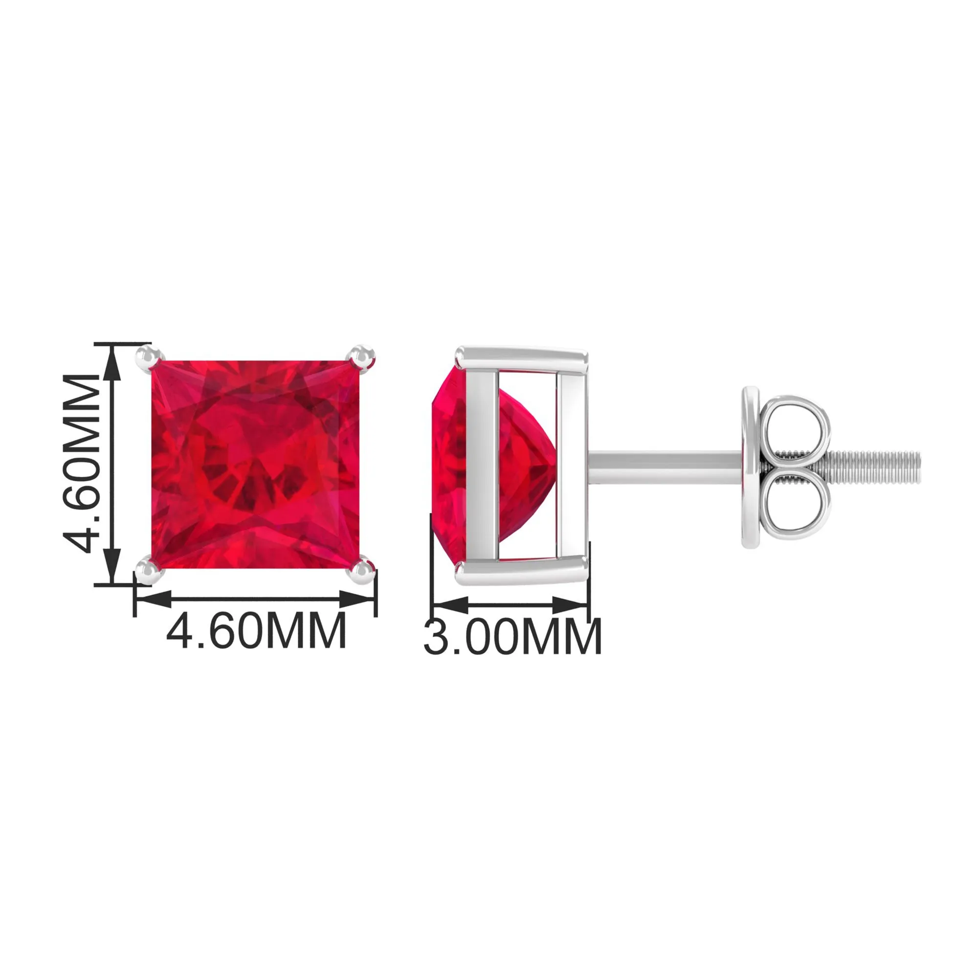 Princess Cut Created Ruby Solitaire Stud Earrings in Gold