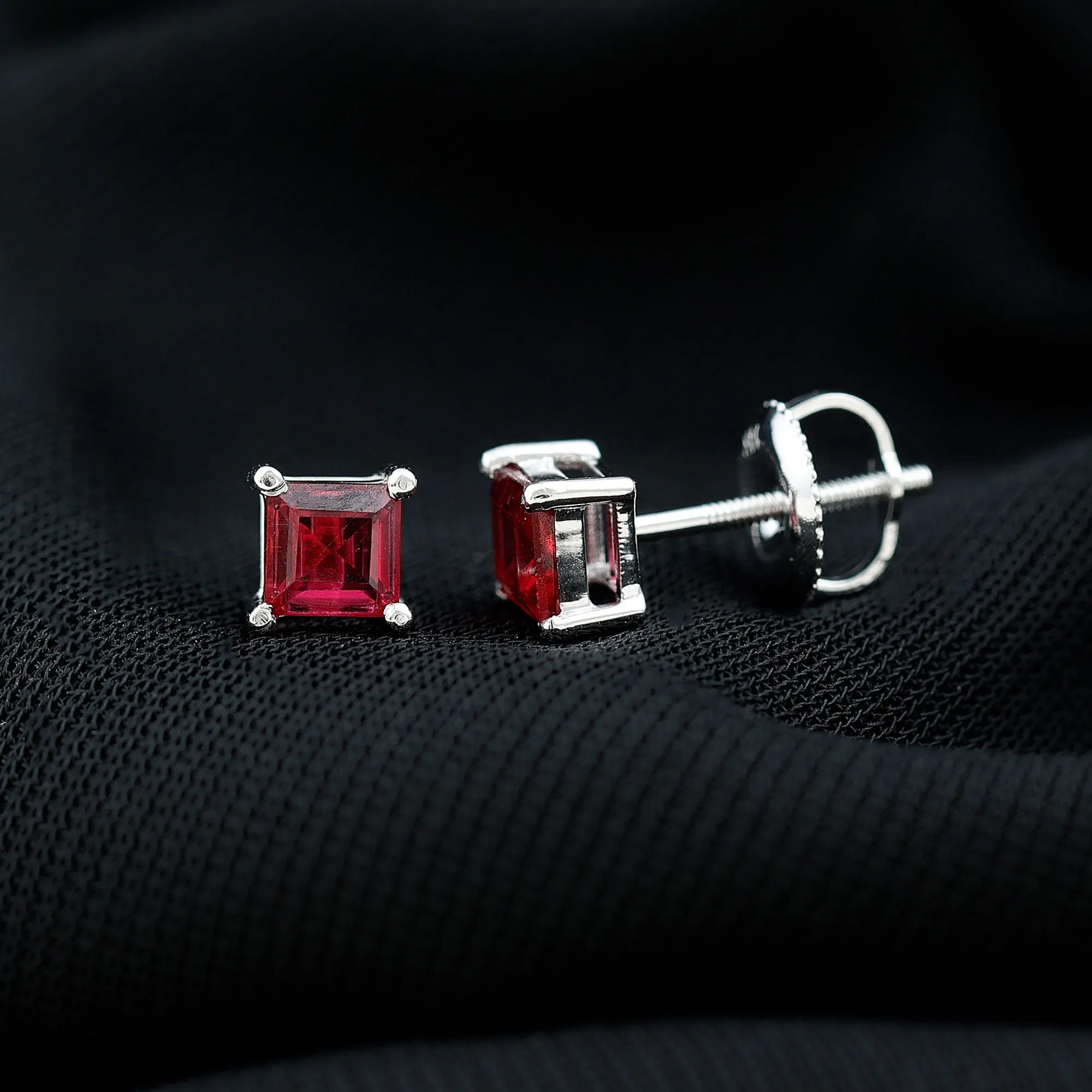 Princess Cut Created Ruby Solitaire Stud Earrings in Gold