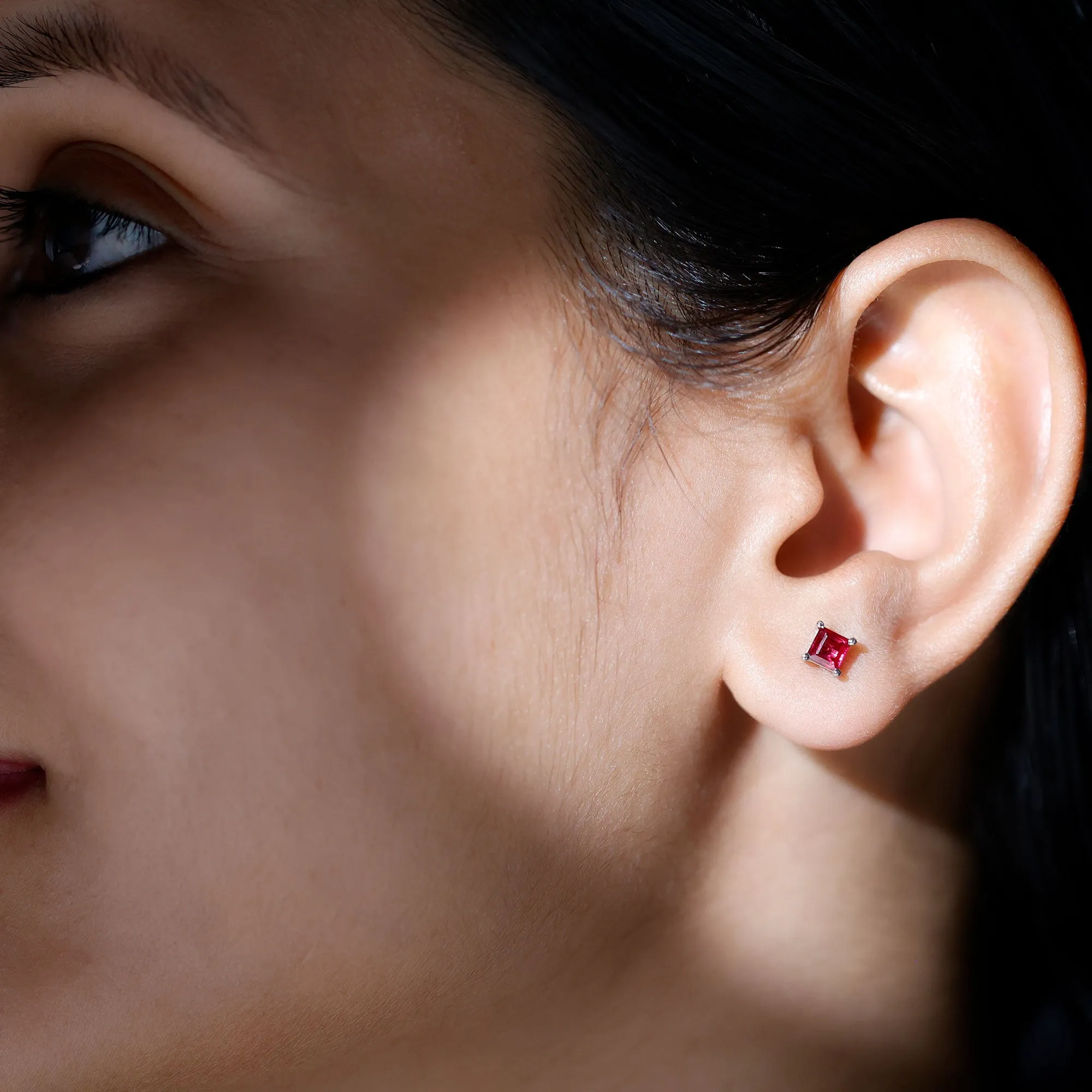 Princess Cut Created Ruby Solitaire Stud Earrings in Gold