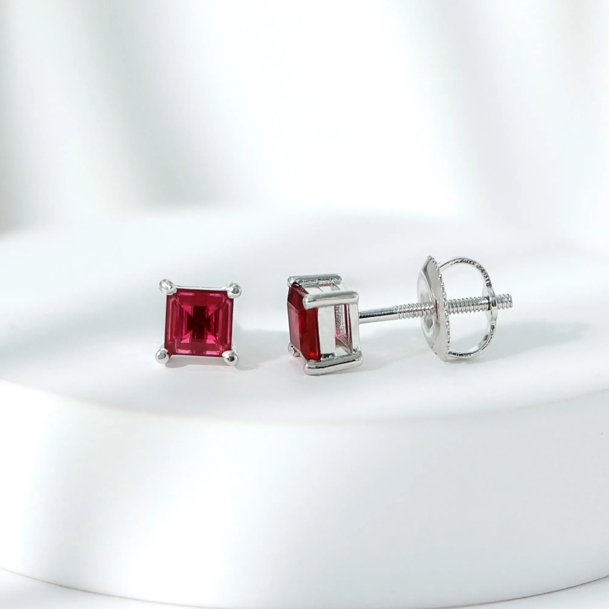 Princess Cut Created Ruby Solitaire Stud Earrings in Gold