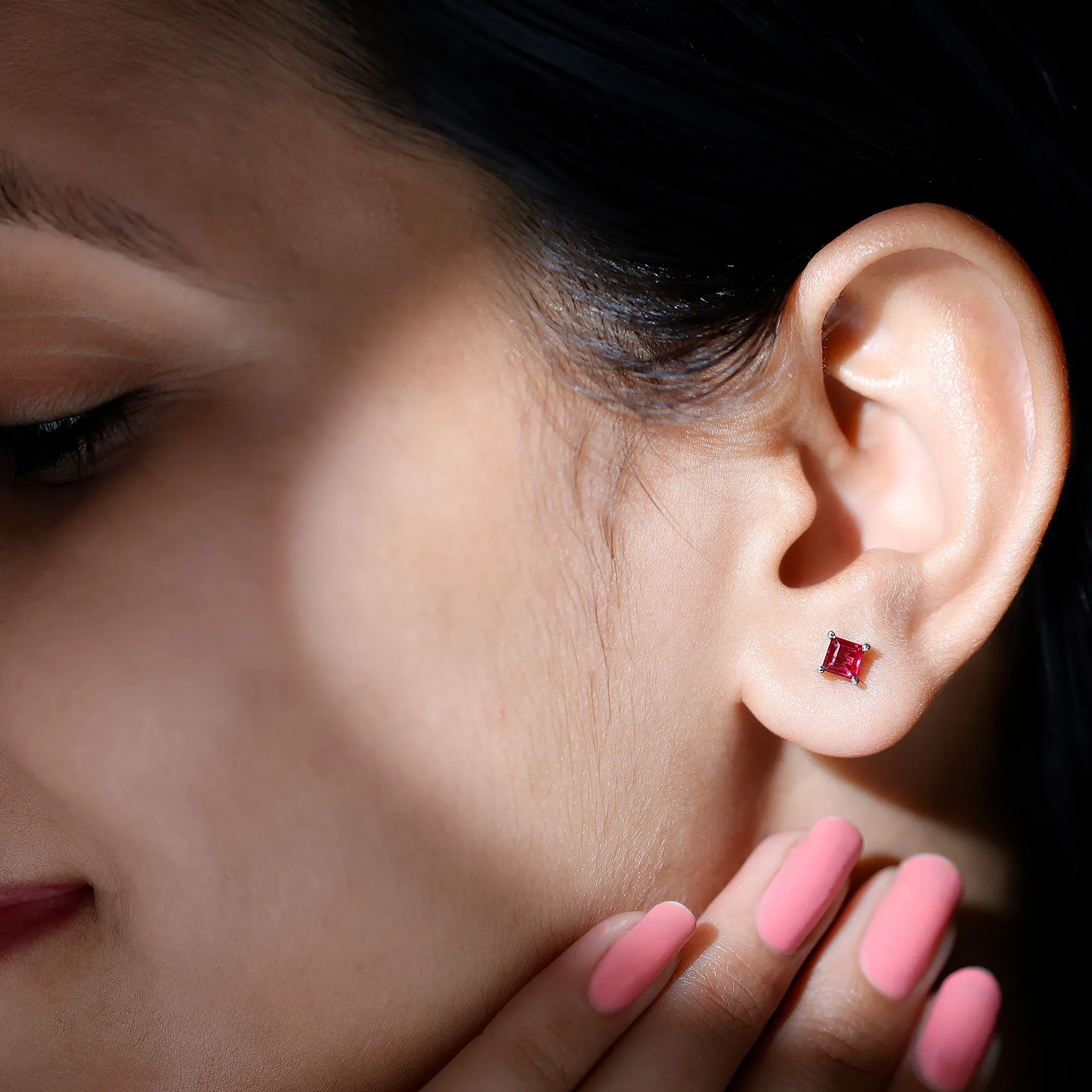 Princess Cut Created Ruby Solitaire Stud Earrings in Gold
