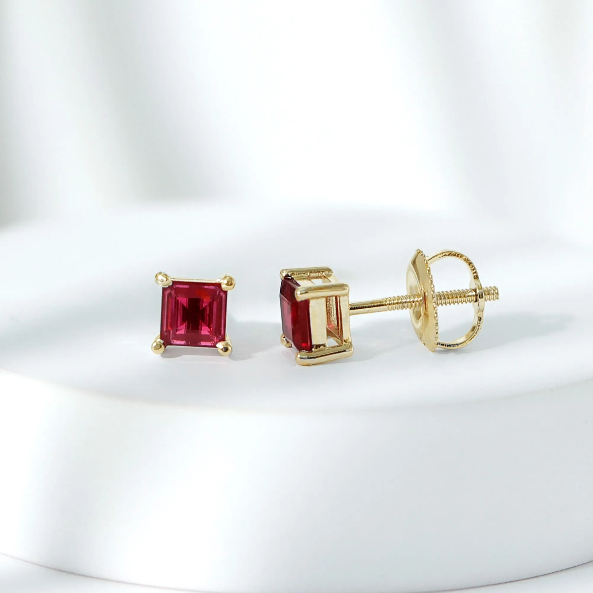 Princess Cut Created Ruby Solitaire Stud Earrings in Gold
