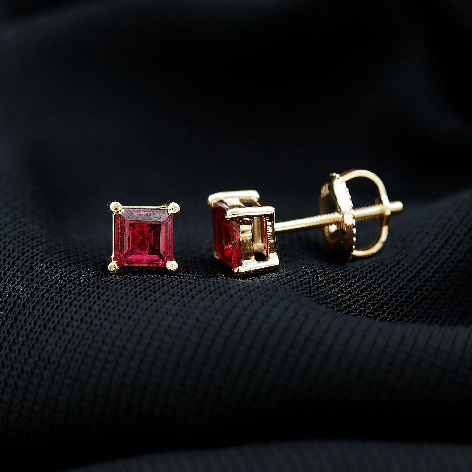 Princess Cut Created Ruby Solitaire Stud Earrings in Gold