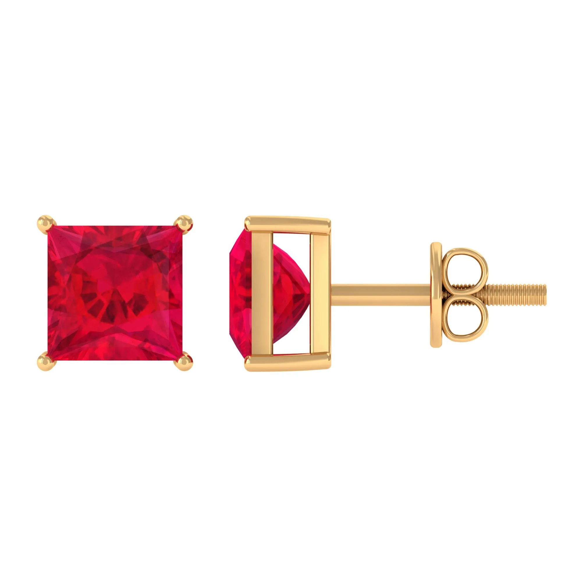 Princess Cut Created Ruby Solitaire Stud Earrings in Gold