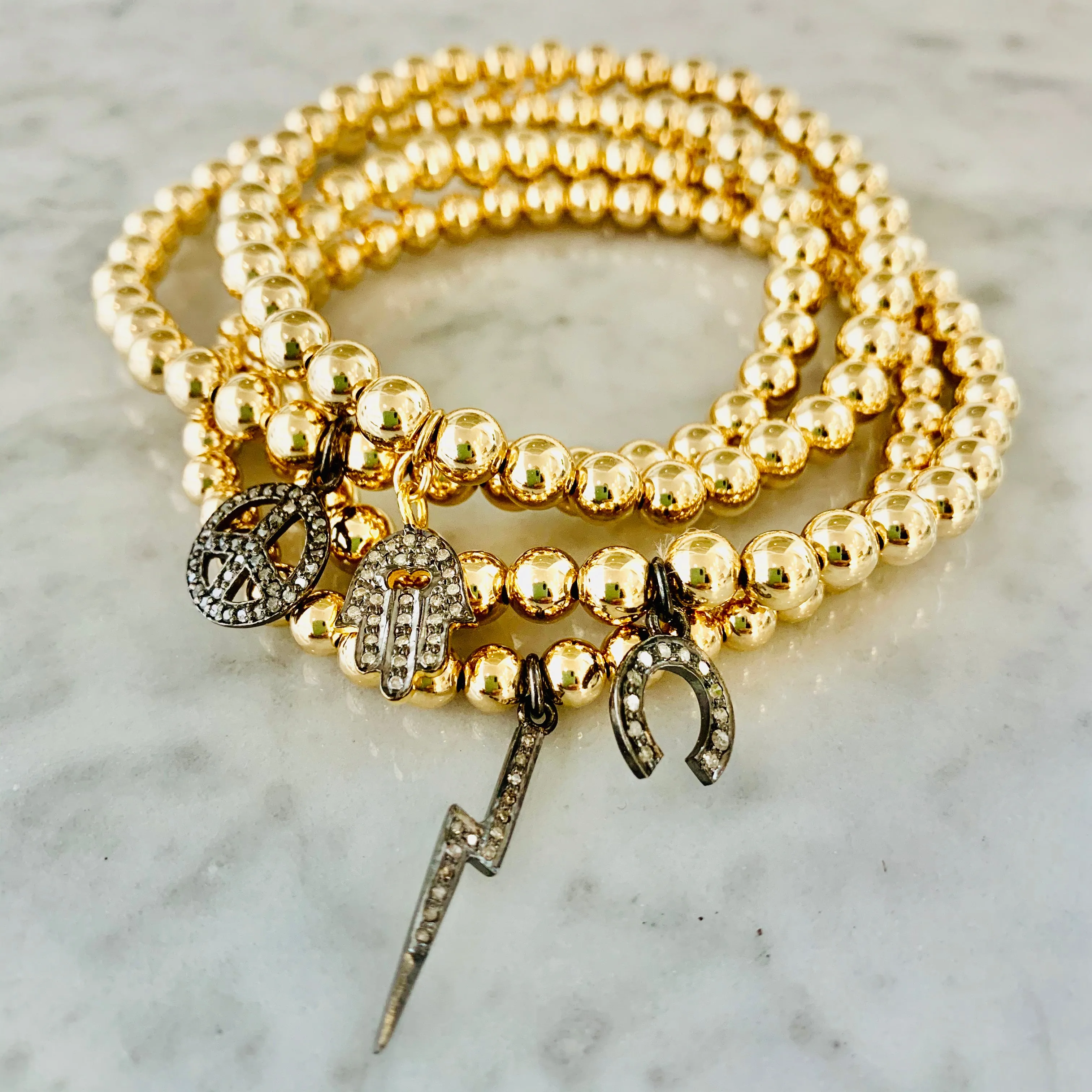 "Black Diamond" Horse Shoe Charm Beaded Bracelet