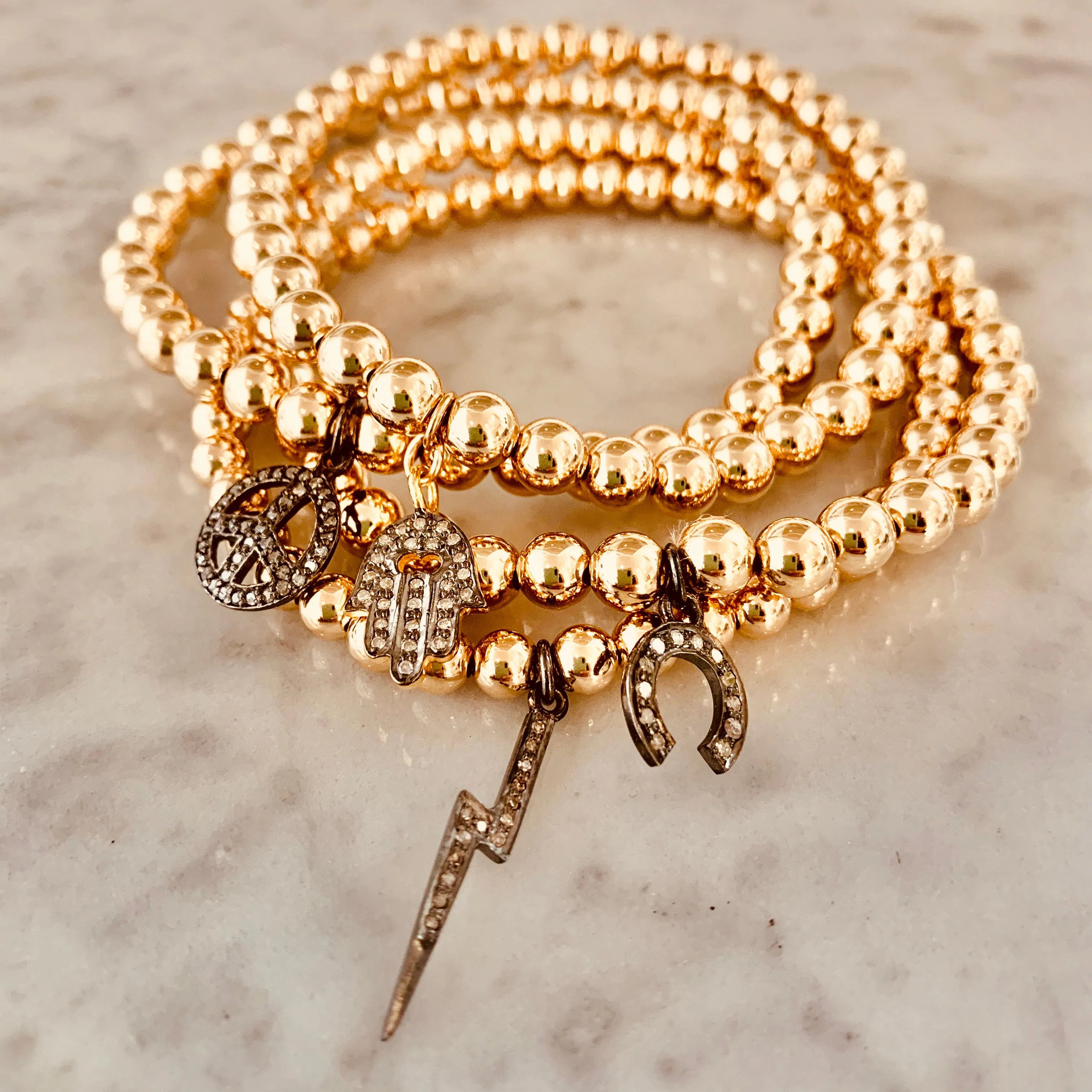 "Black Diamond" Horse Shoe Charm Beaded Bracelet