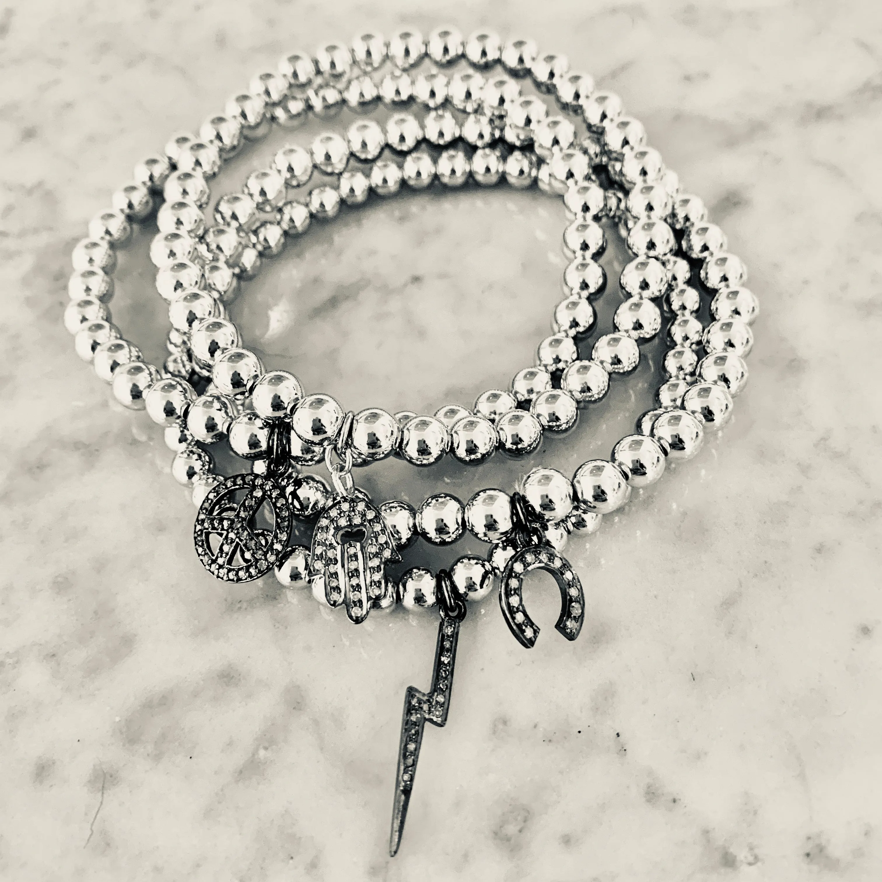 "Black Diamond" Horse Shoe Charm Beaded Bracelet