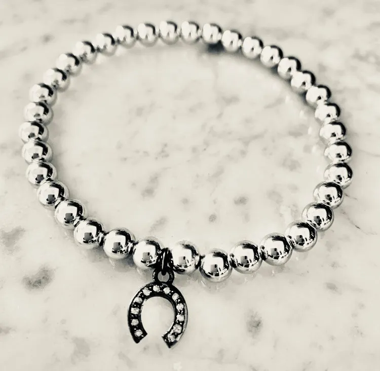 "Black Diamond" Horse Shoe Charm Beaded Bracelet