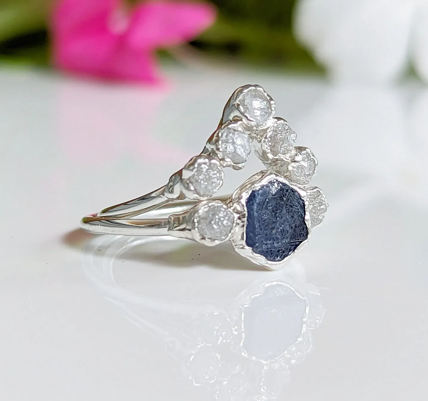 Raw Sapphire and diamond wedding ring set