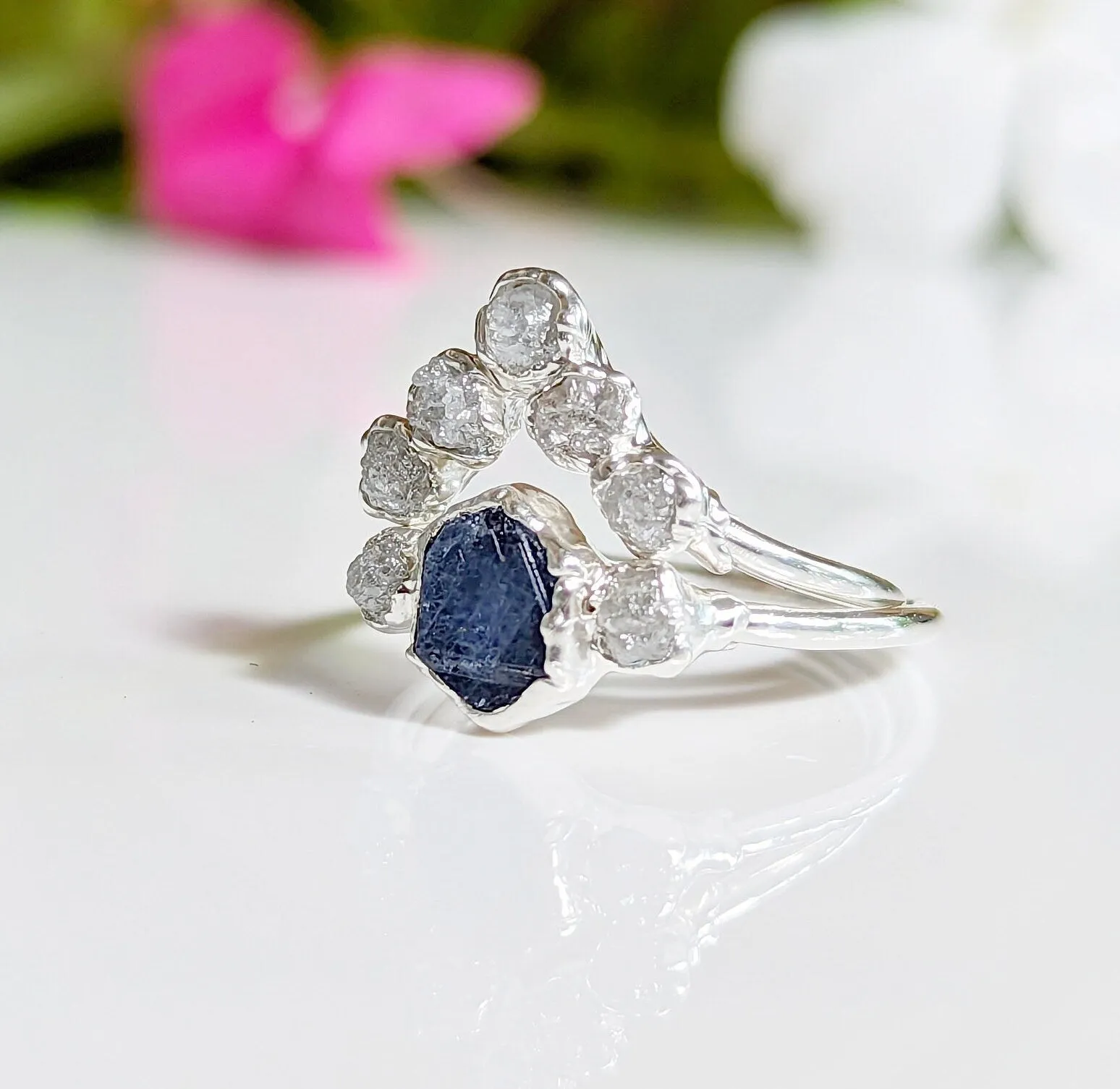 Raw Sapphire and diamond wedding ring set
