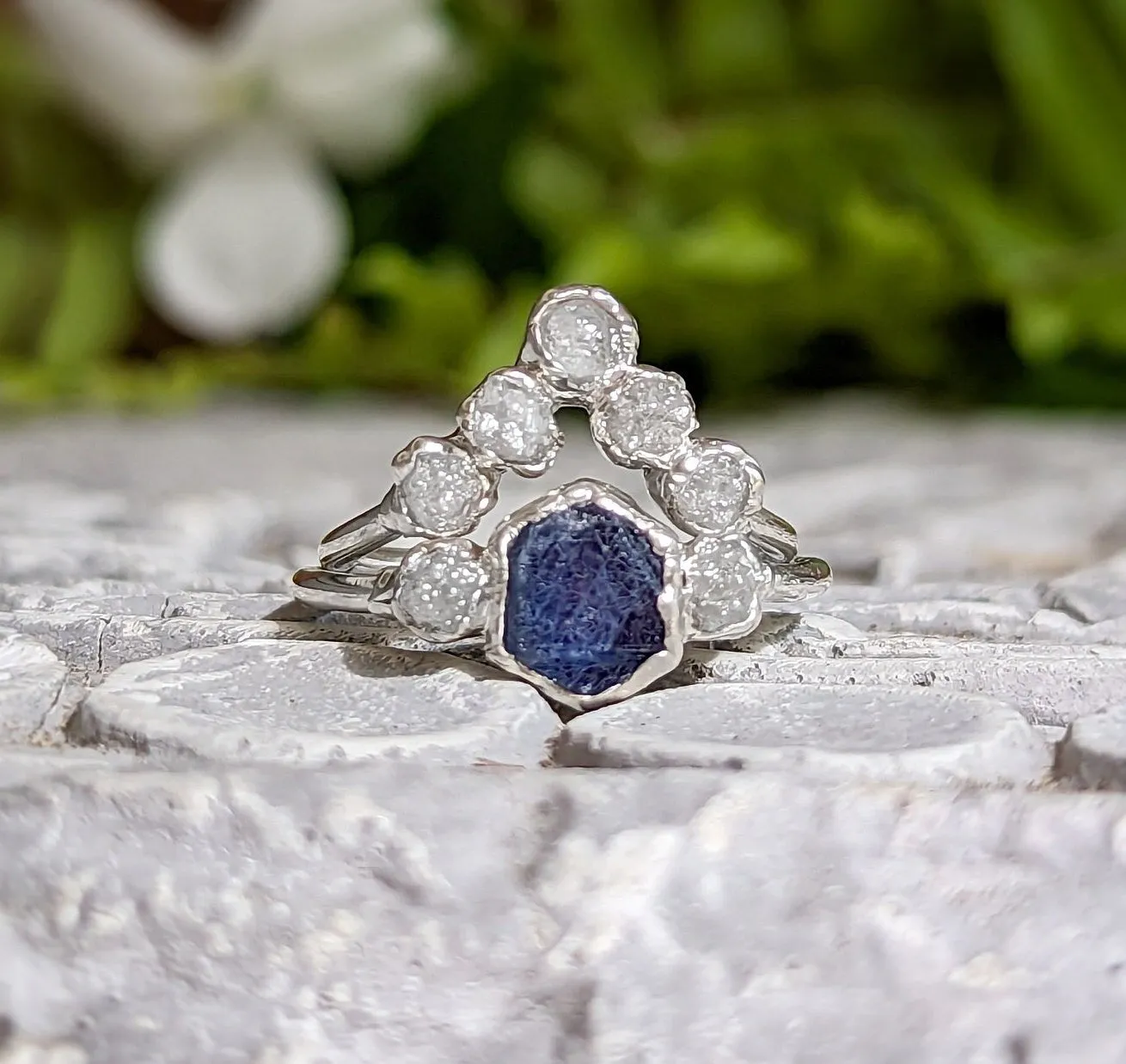 Raw Sapphire and diamond wedding ring set