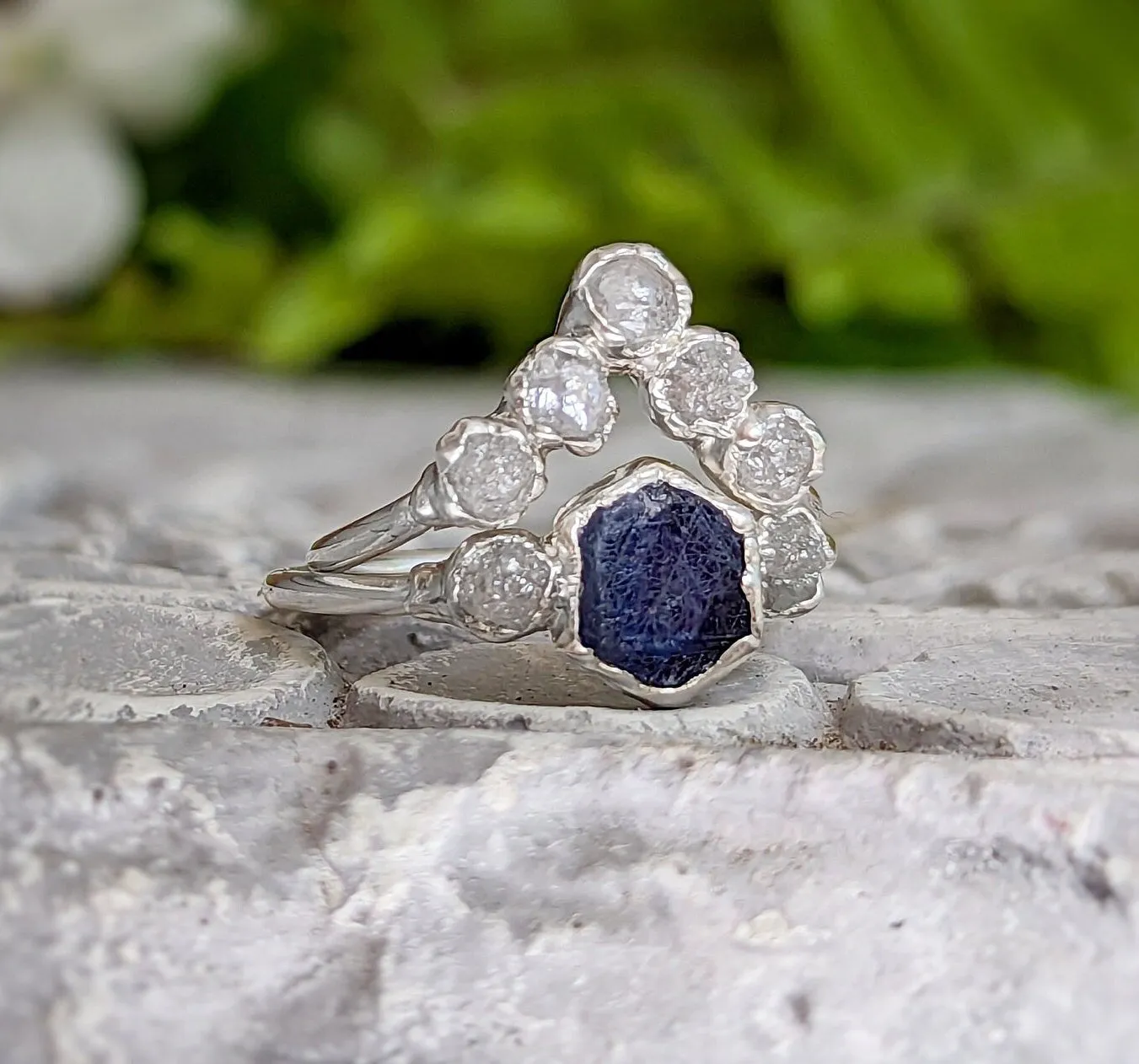 Raw Sapphire and diamond wedding ring set