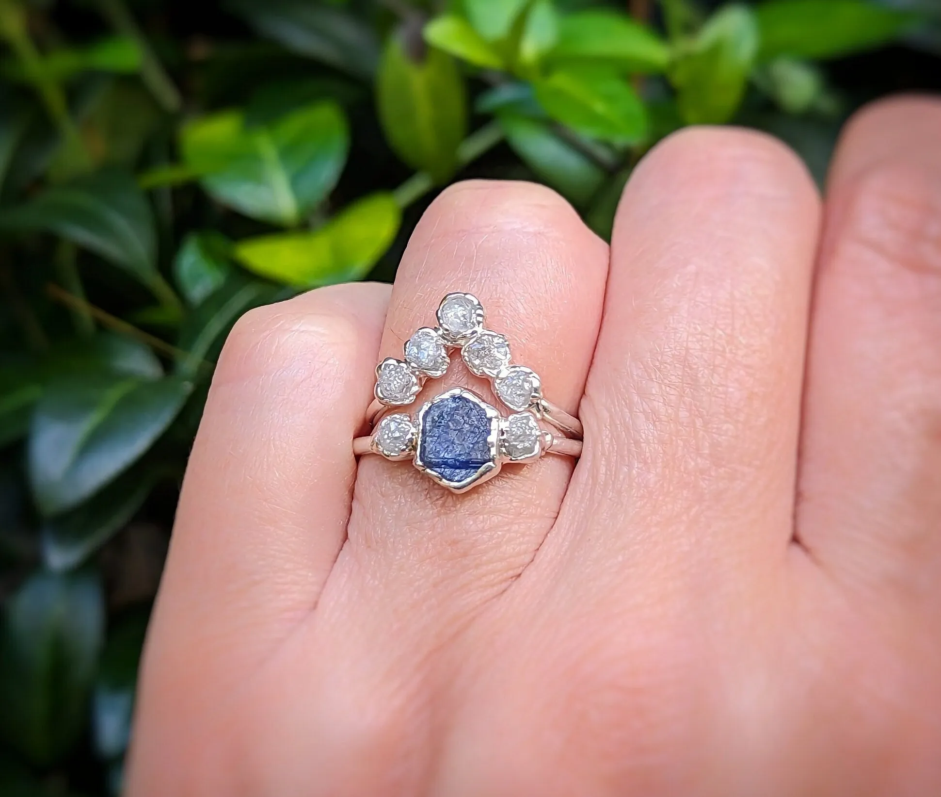 Raw Sapphire and diamond wedding ring set