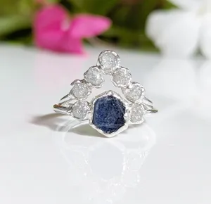 Raw Sapphire and diamond wedding ring set