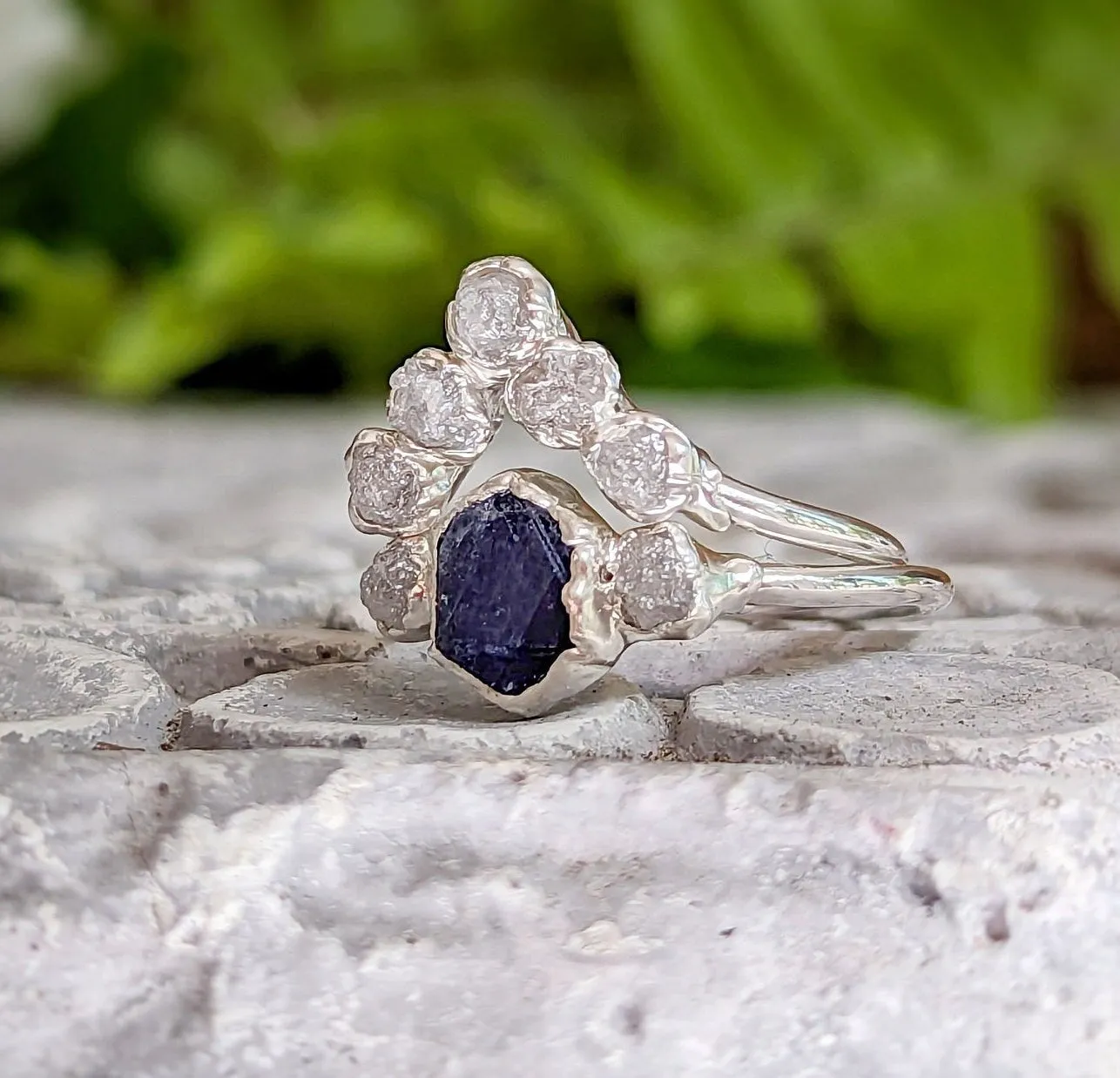 Raw Sapphire and diamond wedding ring set