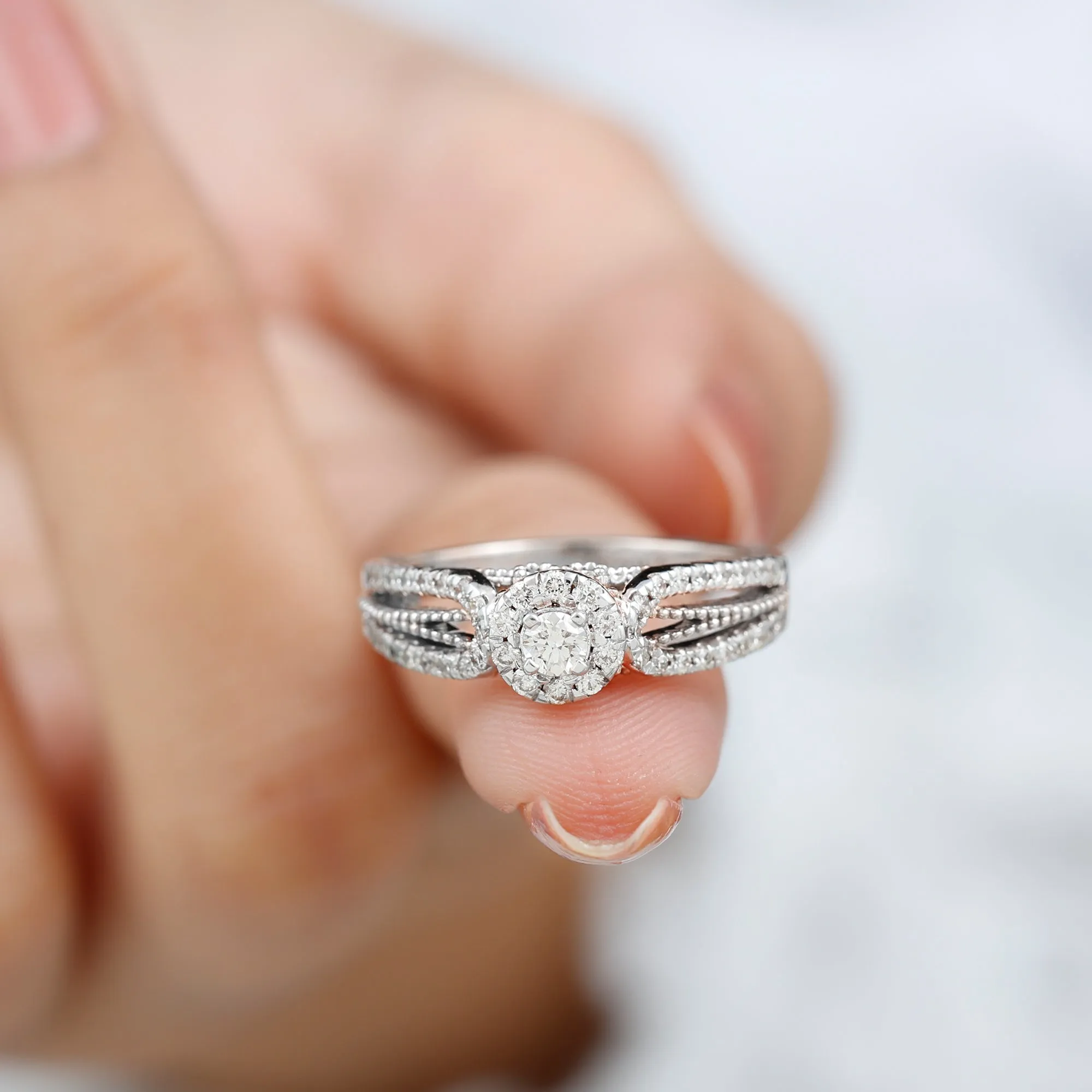 Real Diamond Designer Engagement Ring in Split Shank