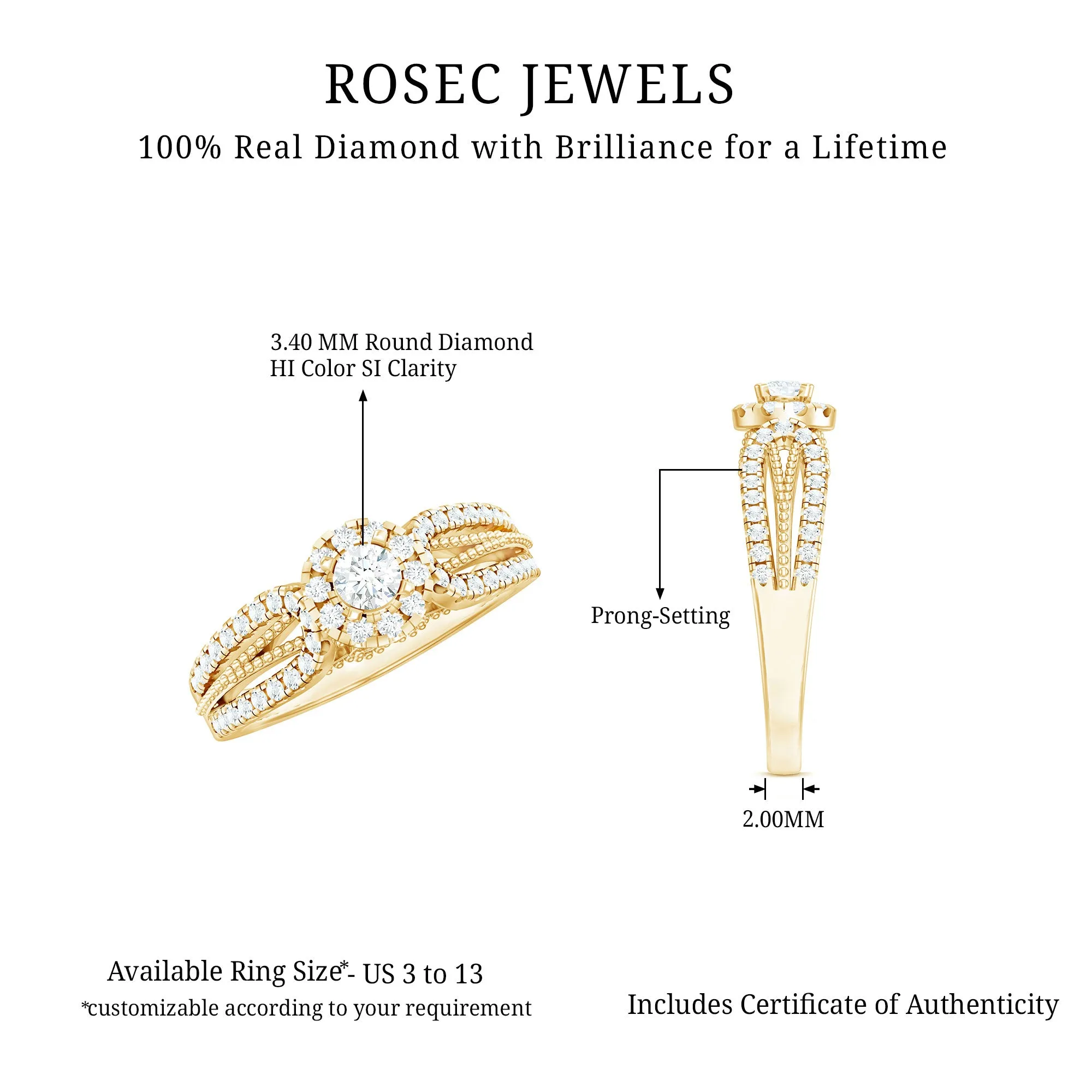Real Diamond Designer Engagement Ring in Split Shank