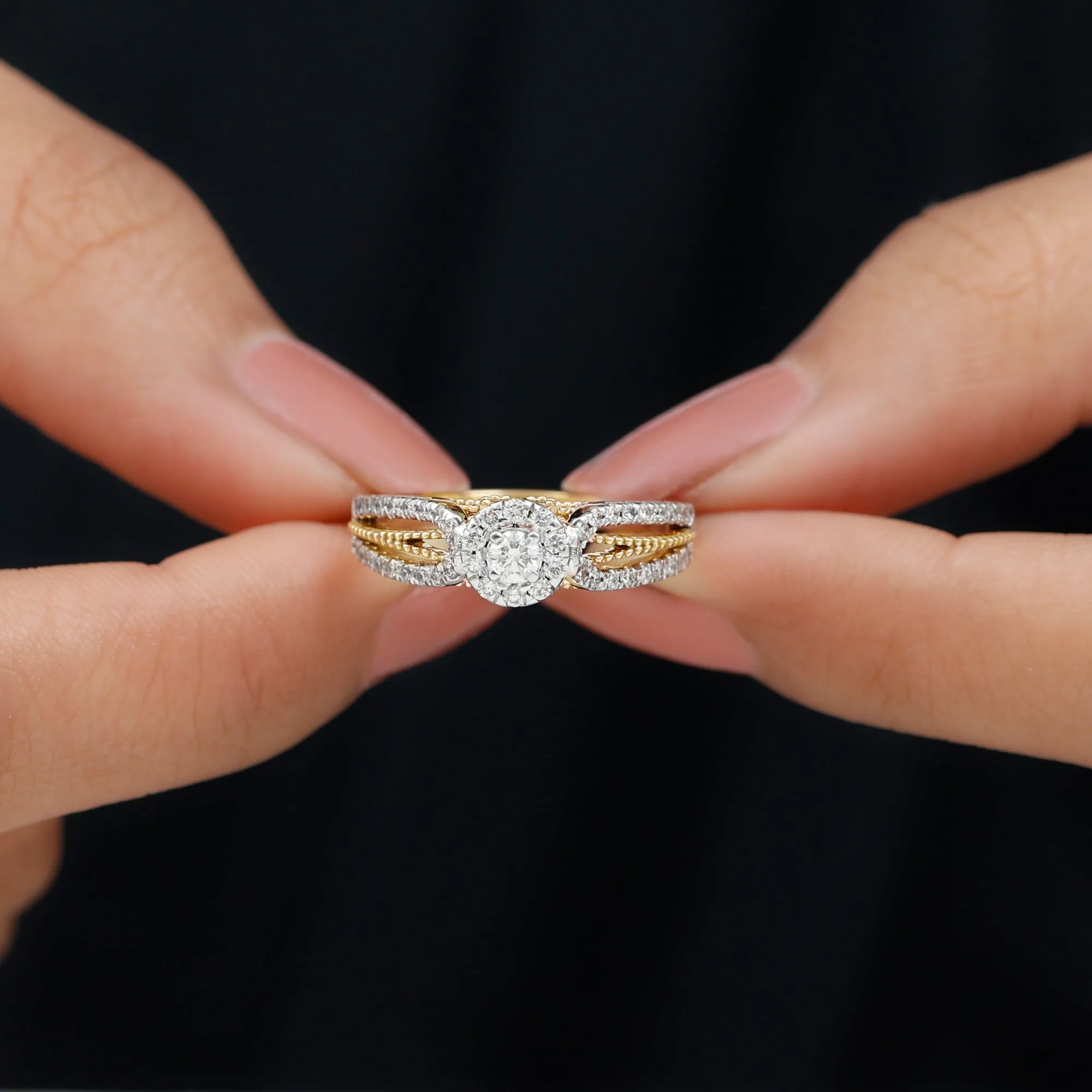 Real Diamond Designer Engagement Ring in Split Shank