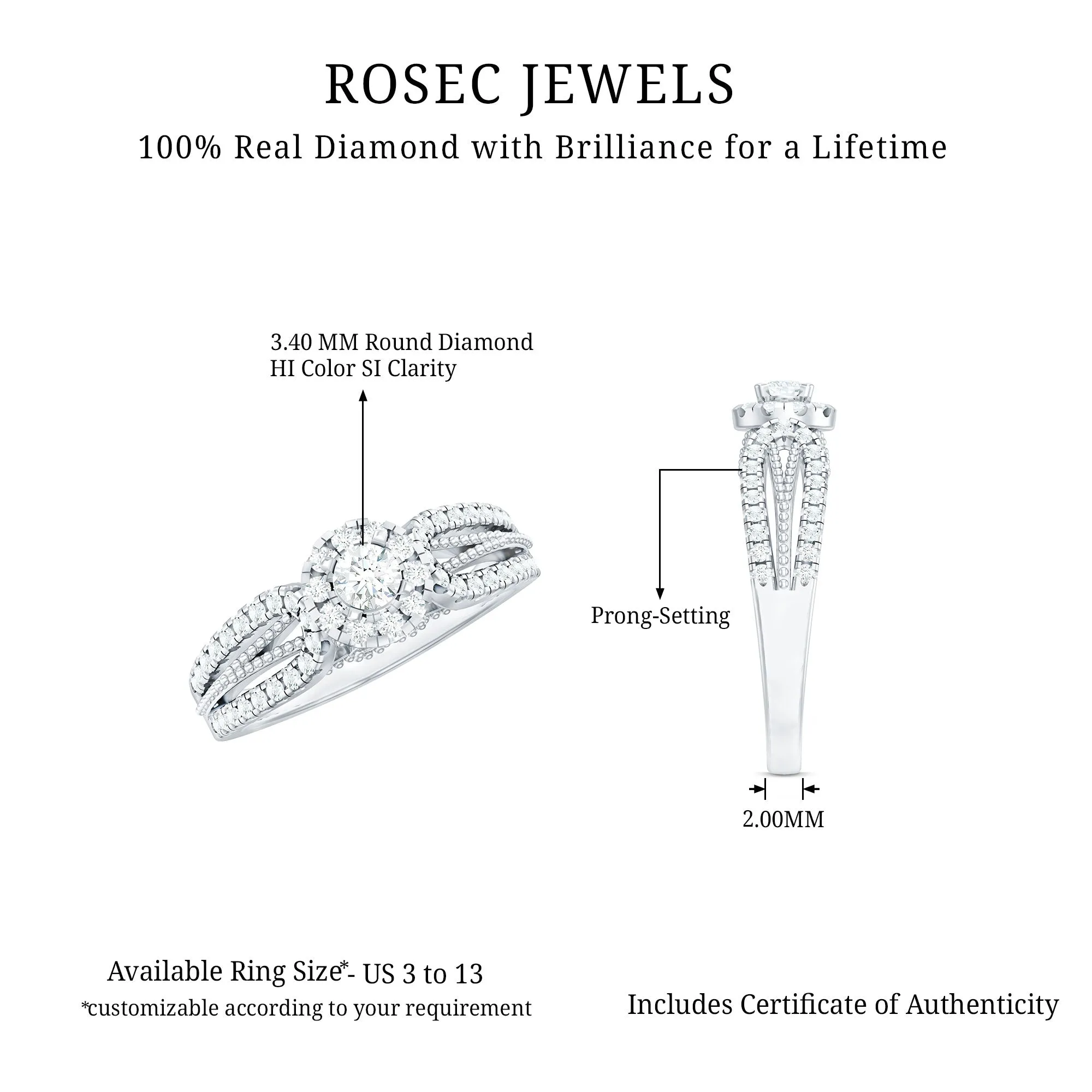 Real Diamond Designer Engagement Ring in Split Shank