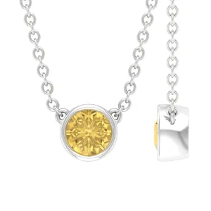 Real Round Cut Citrine Solitaire Necklace