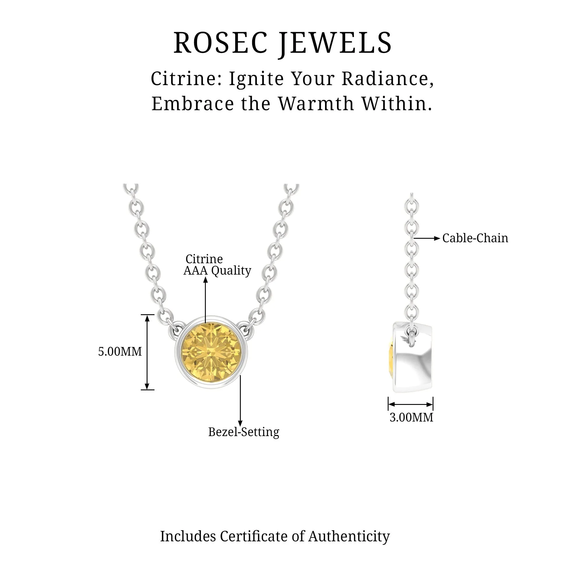Real Round Cut Citrine Solitaire Necklace