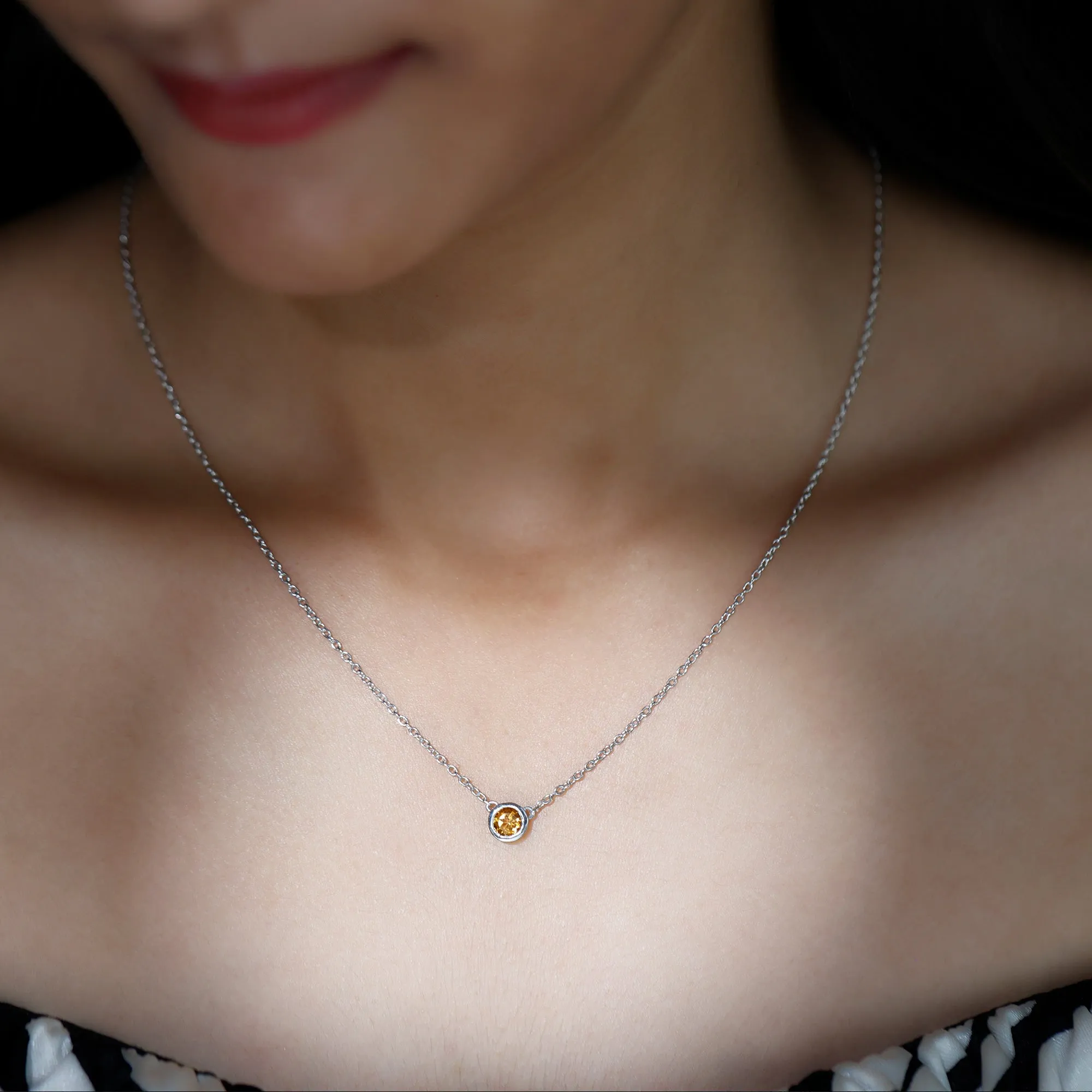 Real Round Cut Citrine Solitaire Necklace