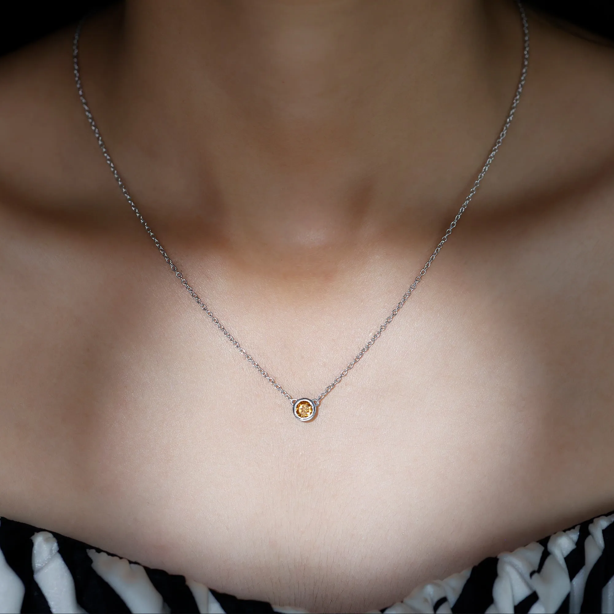 Real Round Cut Citrine Solitaire Necklace