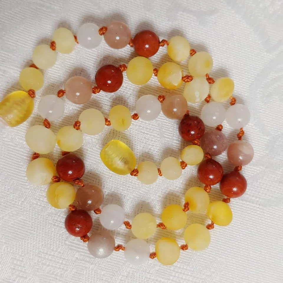Red Jasper, Moonstone, Sunstone   Raw Lemon Baltic Amber Necklace ll Teething ll Calming ll Pain