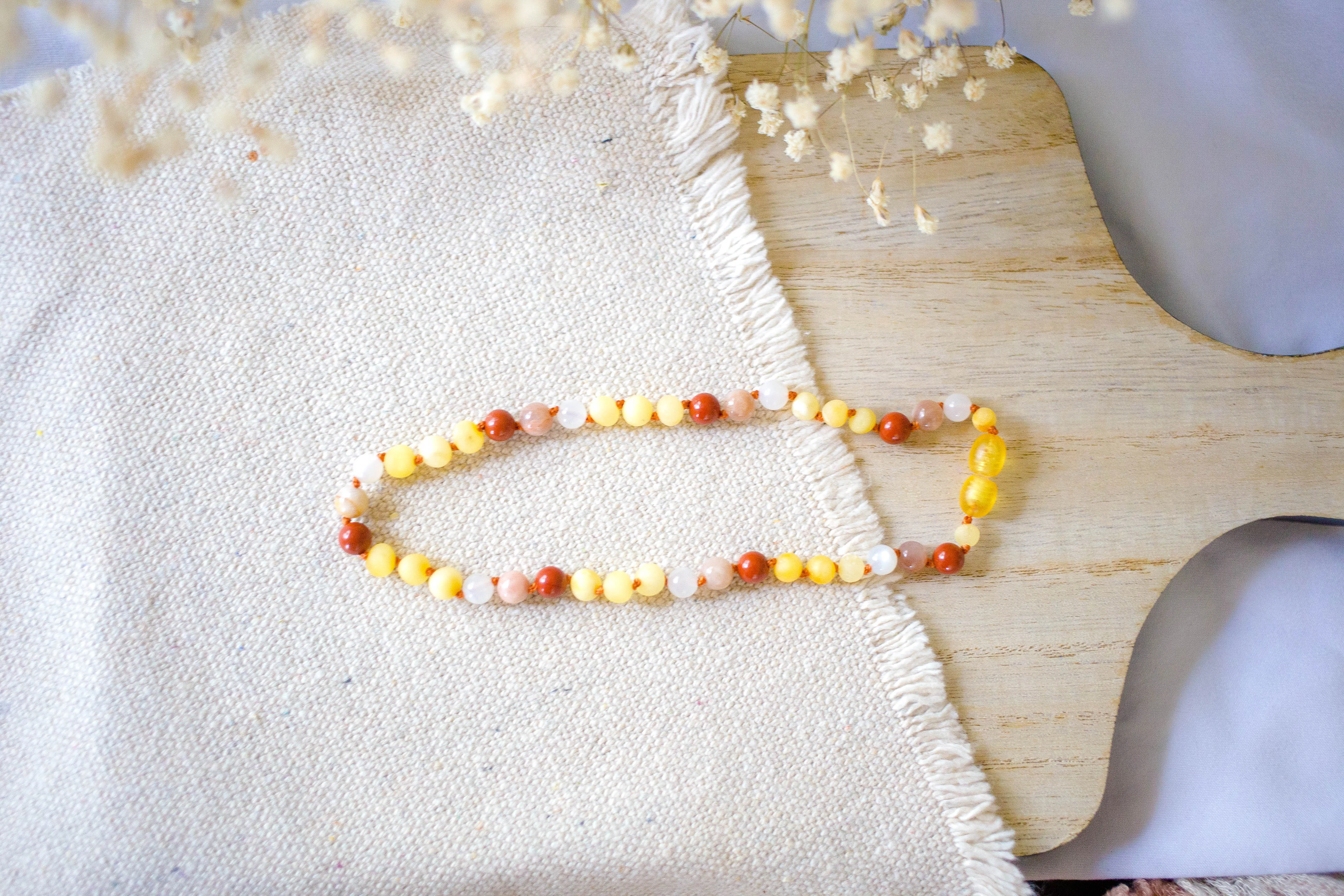 Red Jasper, Moonstone, Sunstone   Raw Lemon Baltic Amber Necklace ll Teething ll Calming ll Pain