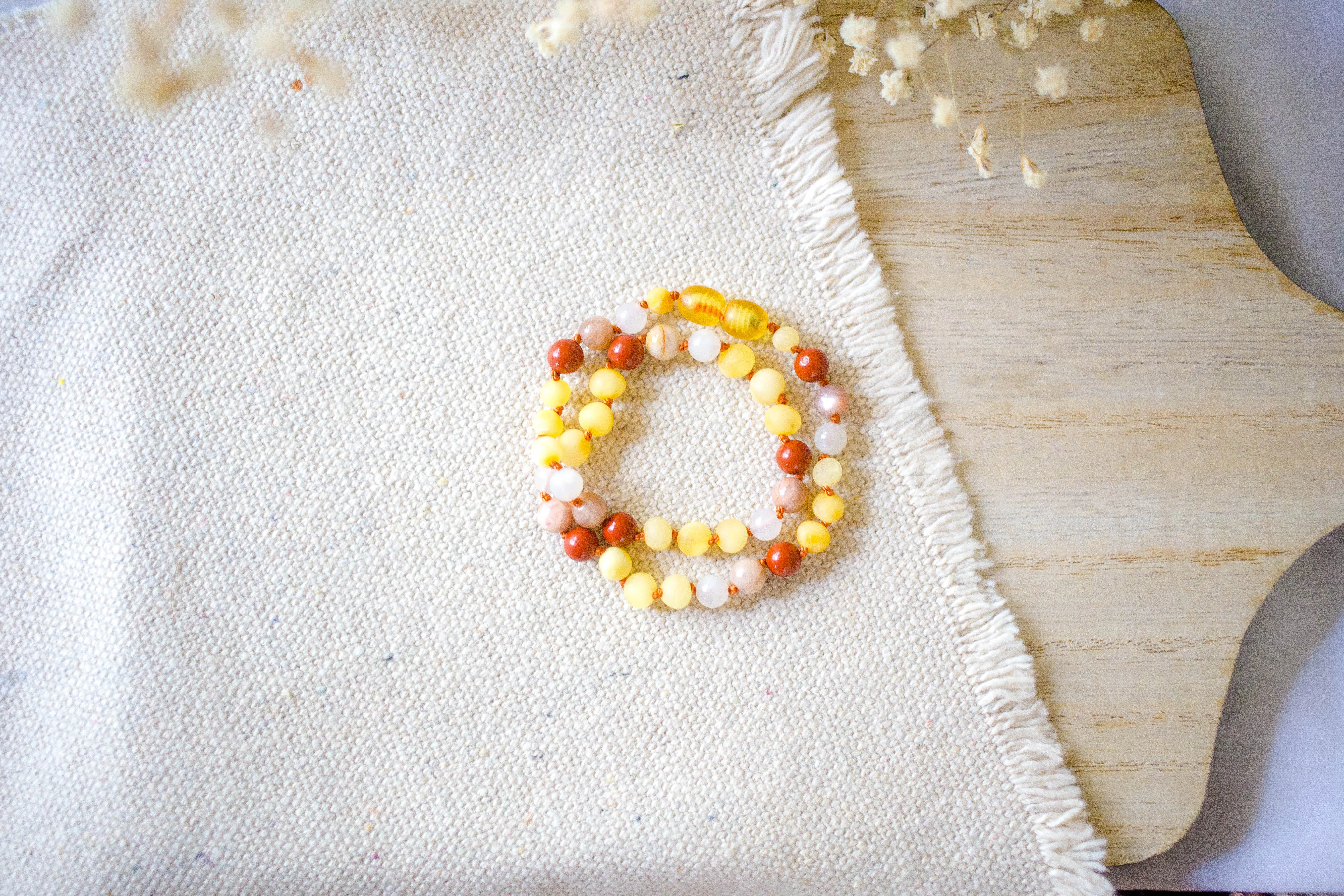 Red Jasper, Moonstone, Sunstone   Raw Lemon Baltic Amber Necklace ll Teething ll Calming ll Pain