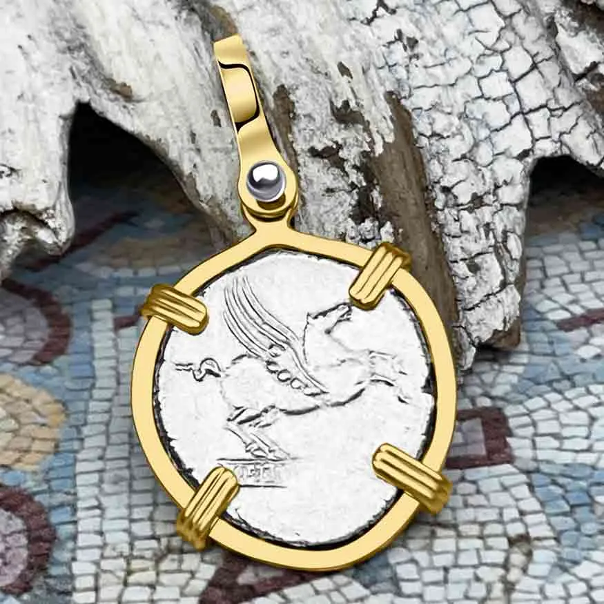 Roman Republic Silver Denarius 90 BC Pegasus 14K Gold Pendant | Artifact #6974