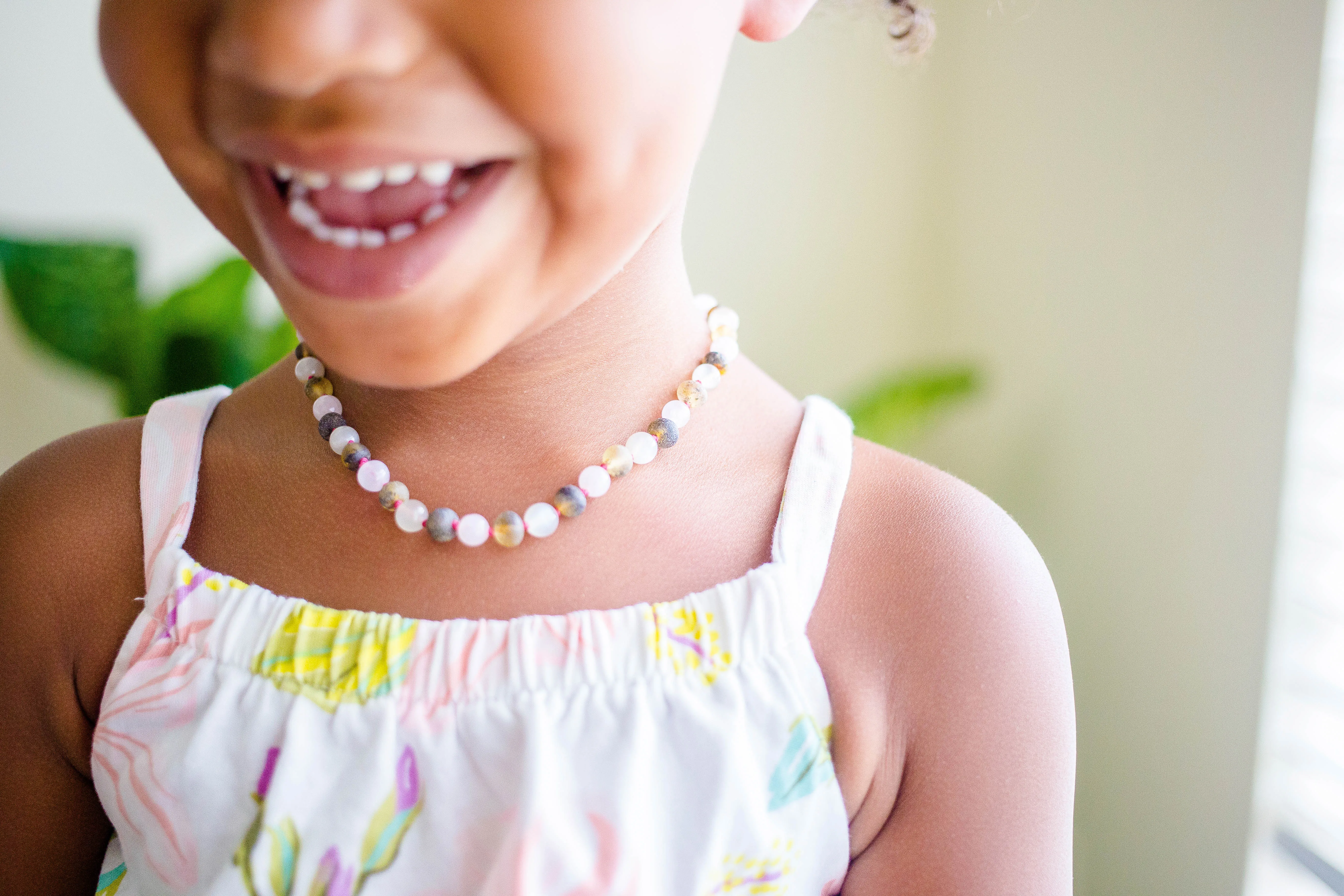 Rose Quartz   Raw Green Baltic Amber Teething Necklace ll Teething