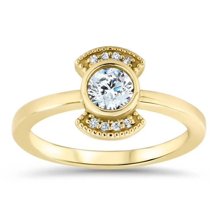 Round Center Engagement Ring Diamond Setting Thin Band Ring Bezel Set Center Stone - Juliette