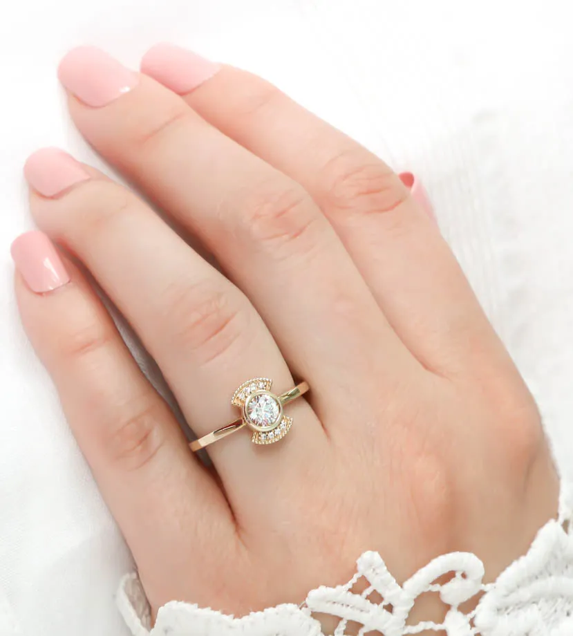 Round Center Engagement Ring Diamond Setting Thin Band Ring Bezel Set Center Stone - Juliette