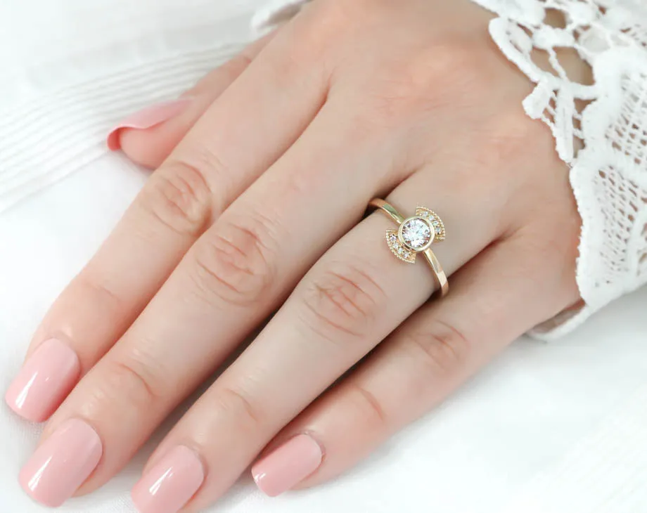 Round Center Engagement Ring Diamond Setting Thin Band Ring Bezel Set Center Stone - Juliette