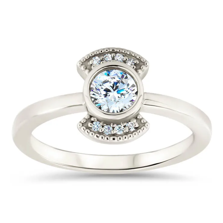 Round Center Engagement Ring Diamond Setting Thin Band Ring Bezel Set Center Stone - Juliette