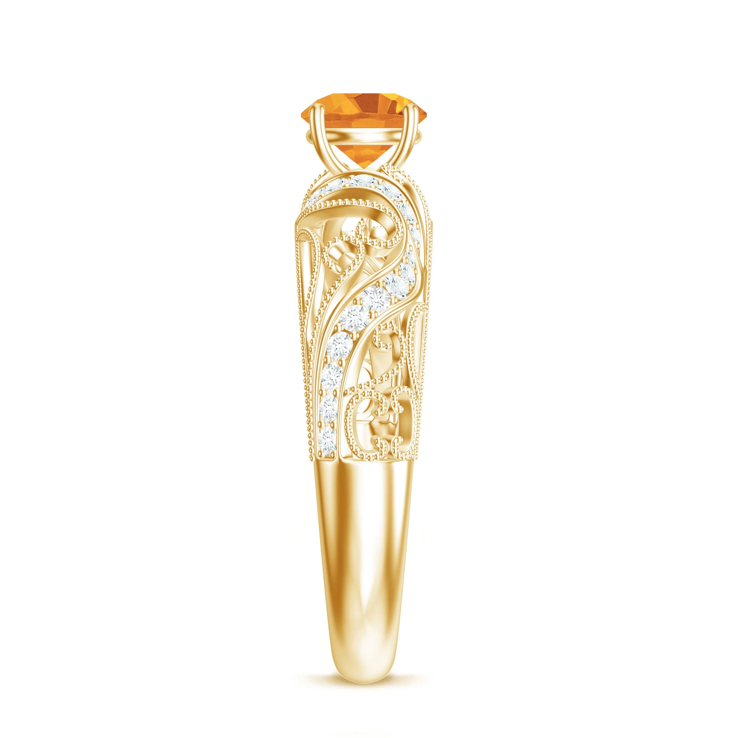 Round Citrine Vintage Inspired Engagement Ring with Diamond
