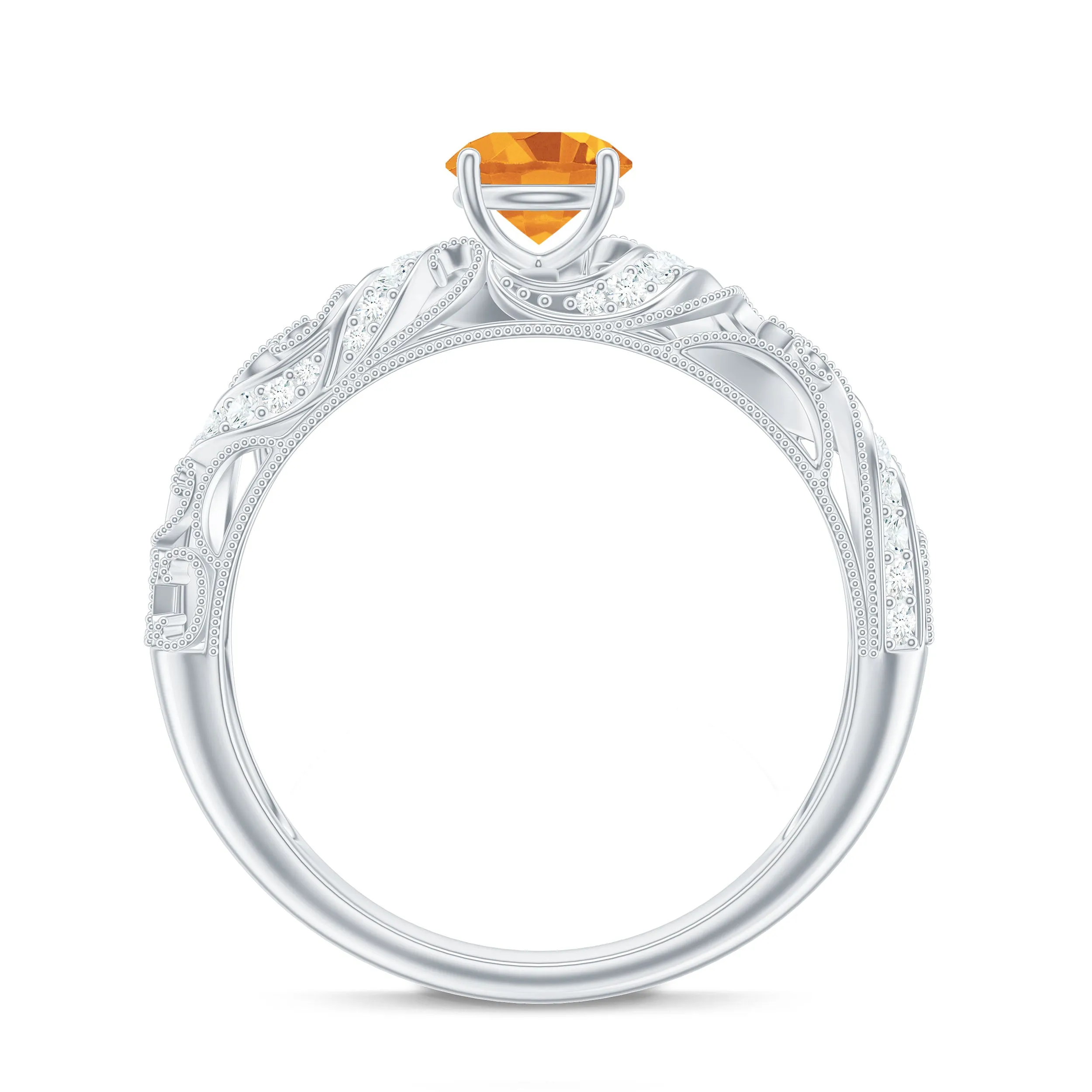 Round Citrine Vintage Inspired Engagement Ring with Diamond